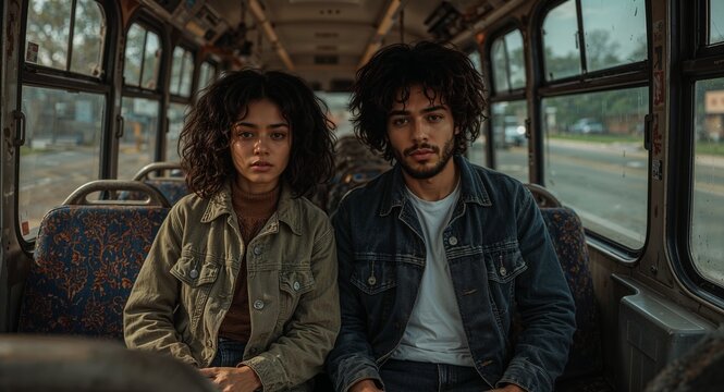 young biracial couple sitting on burnt bus seat with solemn expressions