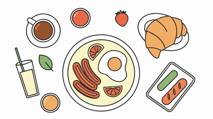 Colorful hand drawn breakfast elements arranged on a white background vector illustration for food concepts