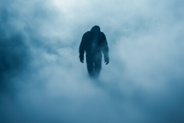 A mysterious shadowy figure Sasquatch emerges from thick fog in the wilderness, resembling a mythic beast or forest spirit, creating an eerie atmosphere of legend and unknown danger.