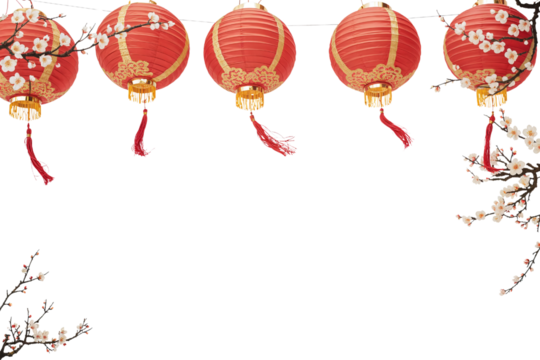 Festive Red Lanterns with Plum Blossoms on White Background