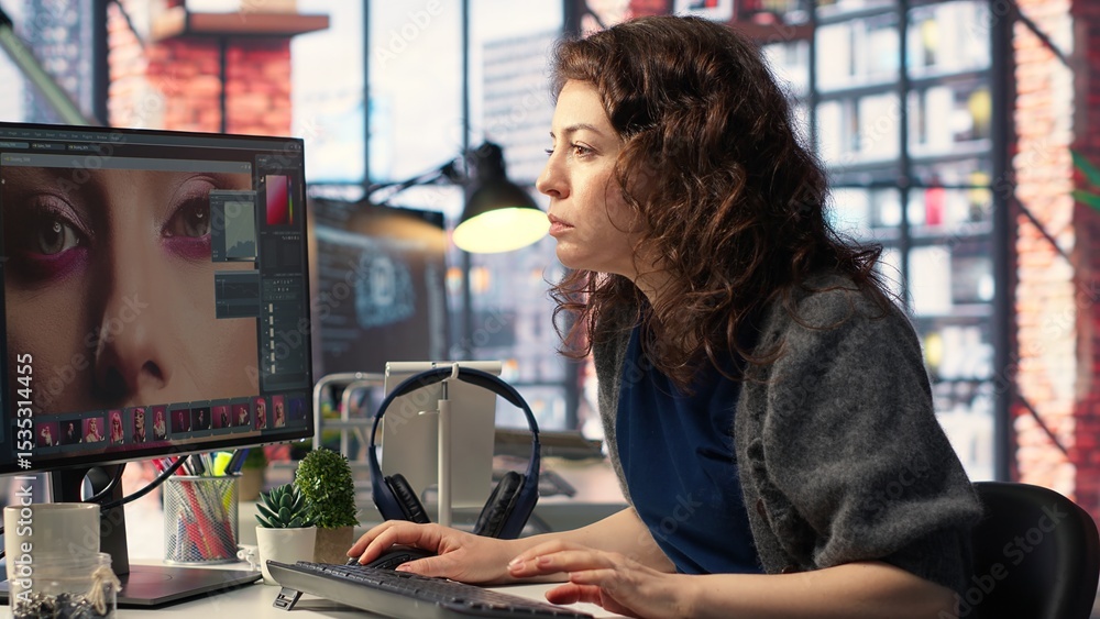 Poster graphic designer uses professional retouching software for photos and editing the skin, working with