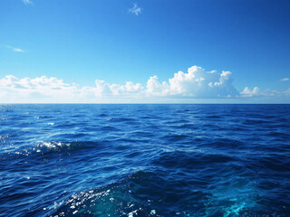 Vast expanse of deep blue ocean under a clear sky with gentle waves.
