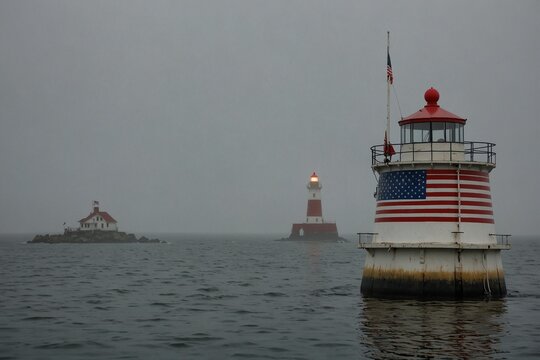 American flag on buoy with lighthouse in foggy seascape background