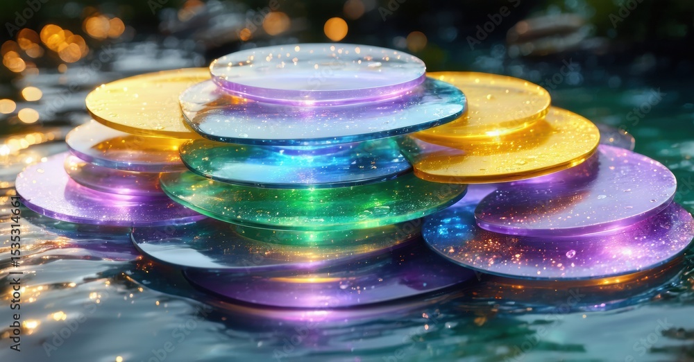 Poster colorful disks stacked upon water. bright reflections, vibrant hues create mesmerizing visual effect