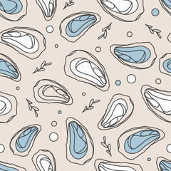 Line art seamless pattern with oysters or mussels. Seafood background. Vector illustration.