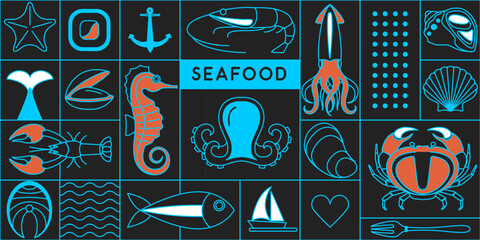 Flat seafood poster or banner with crab, fish, shrimp, oysters, octopus, squid, shell and lobster. Restaurant seafood menu design. Vector illustration © annbozhko
