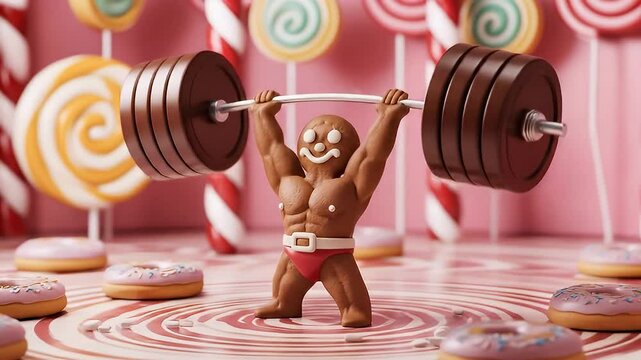 Dessert cartoon gingerbread man lifting weights in a candy gym with peppermint decor