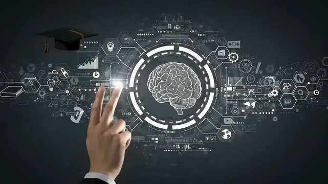 Futuristic hand interacting with a digital brain interface, showcasing technology and innovation in education
