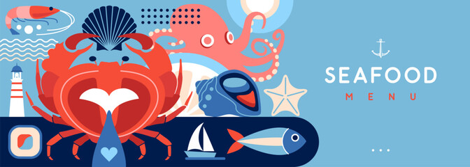 Flat seafood poster or banner with crab, fish, octopus, scallop and lighthouse. Restaurant seafood menu design. Vector illustration