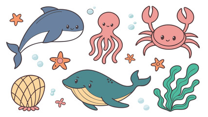 Cute hand drawn cartoon marine life collection with dolphin whale octopus crab seaweed and bubbles