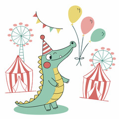 Big Top Brights colored Crocodile with a Dreamy touch, placed in a Circus Carnival theme and styled with wearing a party hat