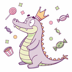 Whimsical Crocodile feeling Shy in a Birthday setting with with a tiny crown – colored in Candy Shop