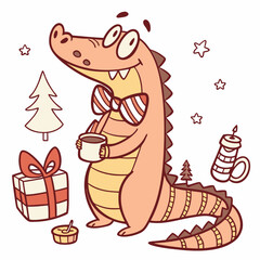 Cute SVG of a Playful Crocodile in Warm Cozy colors, featuring wearing a bowtie in a Christmas setting