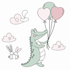 Whimsical Crocodile feeling Playful in a Soft pastel setting with holding a heart – colored in Soft Pastel