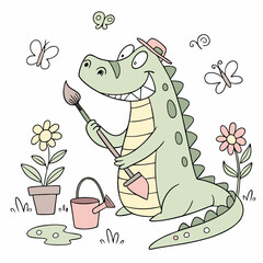 Whimsical Crocodile feeling Relaxed in a Spring garden setting with holding a paintbrush – colored in Spring Garden