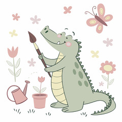 Whimsical Crocodile feeling Relaxed in a Spring garden setting with holding a paintbrush – colored in Spring Garden