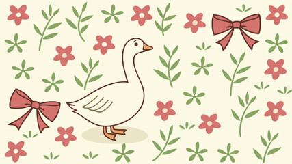 Cute hand drawn goose surrounded by floral elements with bows creating an appealing design