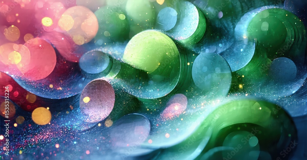 Poster Abstract colorful bubbles, swirling patterns, vibrant hues. Light sparkles create dynamic, fluid composition. Beautiful gradients dominate scene.
