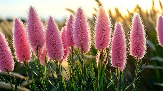 Pink flowering grasses during golden hour, summer meadow with pink foxtail plants