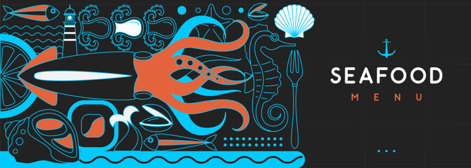 Flat seafood poster or banner with sea horse, fish, octopus, scallop and lighthouse. Restaurant seafood menu design. Vector illustration © annbozhko