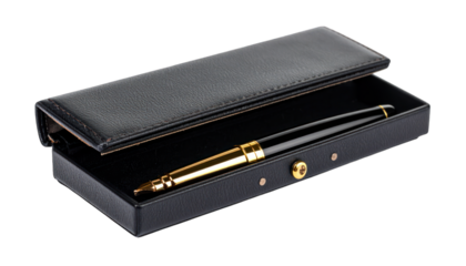 Black leather pen case with gold pen isolated on transparent background