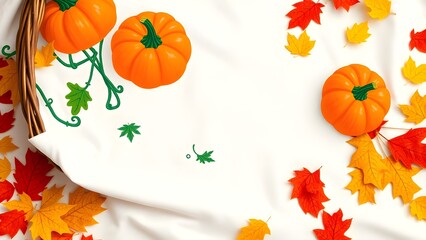Autumn flatlay: orange pumpkins, colorful leaves, white fabric. Fall harvest and Thanksgiving theme.