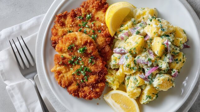 Crispy chicken schnitzel with potato salad and lemon wedge