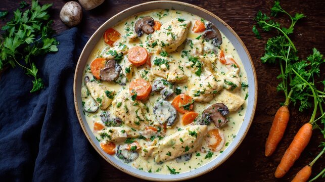 Creamy chicken fricassee with carrots and mushrooms in a bowl