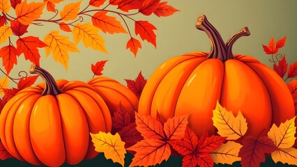 Vibrant autumn illustration: pumpkins with colorful fall leaves, evoking harvest, thanksgiving, and festive seasonal joy.