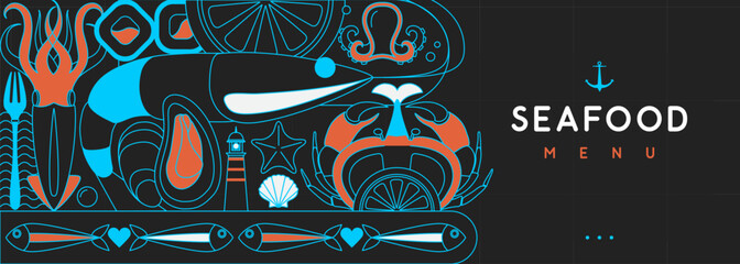 Flat seafood poster or banner with crab, fish, shrimp, squid, octopus and lighthouse. Restaurant seafood menu design. Vector illustration © annbozhko
