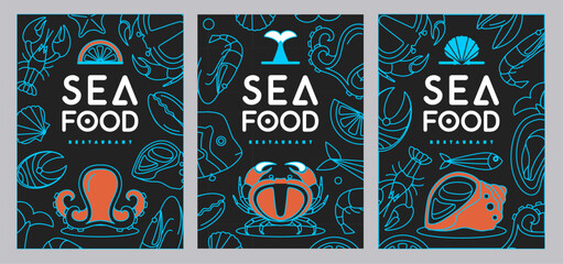 Set of Seafood restaurant posters or menu design with crab, octopus and rapana. Vector illustration © annbozhko