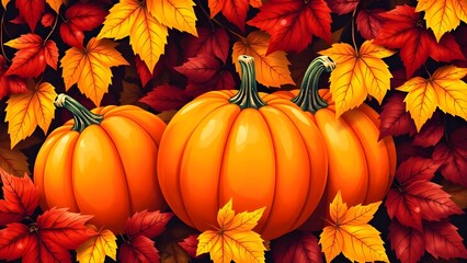 Pumpkins and vibrant autumn leaves. Fall harvest, Thanksgiving, and Halloween themes.