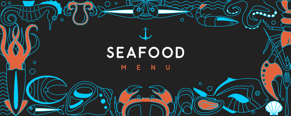Flat seafood poster or banner with crab, fish, shrimp, oysters, octopus and lobster. Restaurant seafood menu design. Vector illustration © annbozhko