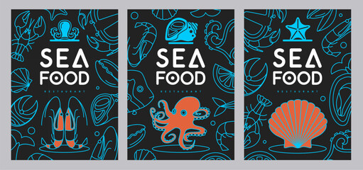 Set of Seafood restaurant posters or menu design with shrimps, octopus and scallop. Vector illustration © annbozhko