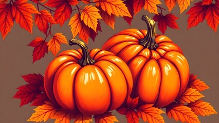Autumnal pumpkins, glowing orange, framed by vibrant fall foliage; harvest season, Thanksgiving, Halloween decorations.