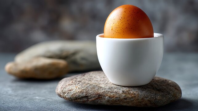 Brown Egg in White Cup Resting on Rock