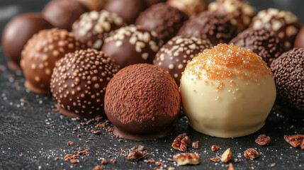 Assorted chocolate truffles with various toppings on a dark surface  