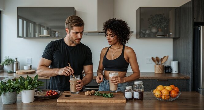 young couple preparing protein shakes in modern kitchen post workout