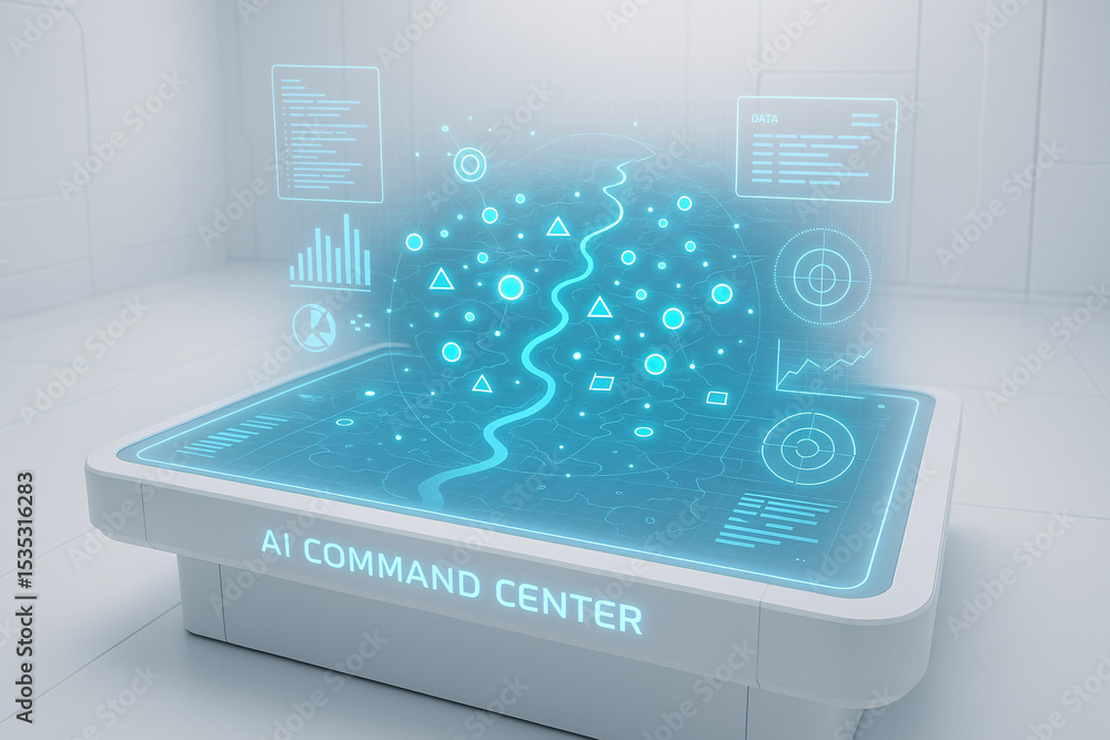 Poster ai command center displaying holographic data visualizations in a futuristic white room setting