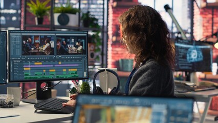 Young woman video editor working with dual monitors in creative agency, editing video footage and does color grading for the creative process. Post production to create content. Camera B.
