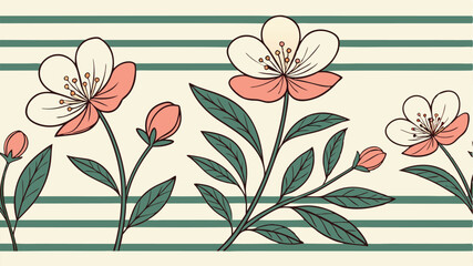 Delicate hand drawn floral border illustration featuring blooming flowers and elegant green leaves