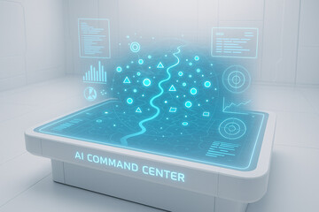 Ai command center displaying holographic data visualizations in a futuristic white room setting