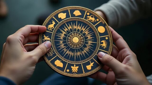 Fortune teller and horoscope concpet ,Astrology and Spirituality Celestial Symbols in Zodiac Wheel Held by Hands