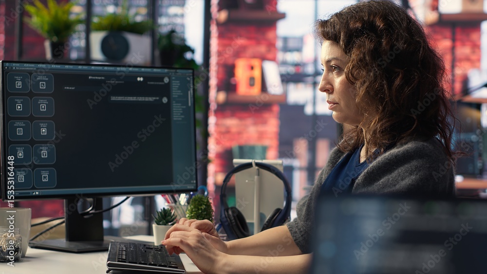 Poster female freelancer uses online ai assistant to automate text generation and solve tasks easily, enhan
