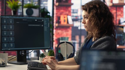 Female freelancer uses online AI assistant to automate text generation and solve tasks easily, enhance productivity at the office. Integration of advanced algorithms and digital tools. Camera B.