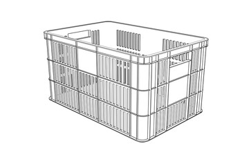 Detailed Wireframe Line Drawing of Plastic Carrying Crate - Monochrome Technical Illustration for Warehouse Storage and Transport Packaging - Simple Outline Schematic Vector Design Element Isolated