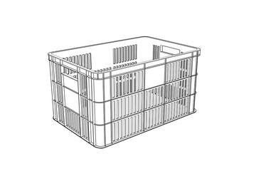 Detailed Wireframe Line Drawing of Plastic Carrying Crate - Monochrome Technical Illustration for Warehouse Storage and Transport Packaging - Simple Outline Schematic Vector Design Element Isolated