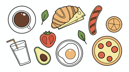 Delicious hand drawn breakfast elements coffee juice pizza sausage egg avocado croissant