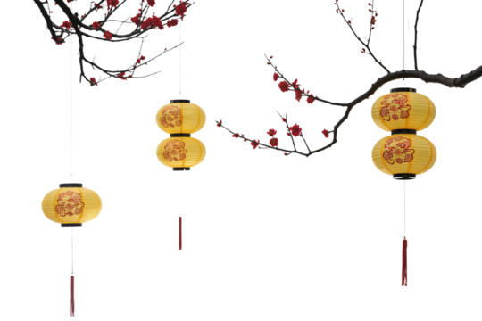 Elegant Yellow Lanterns and Red Blossoms on White Background - Powered by Adobe