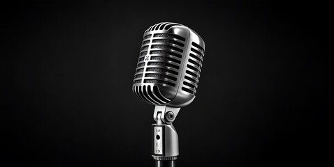 Fototapeta premium Vintage microphone silver on black background for podcasting